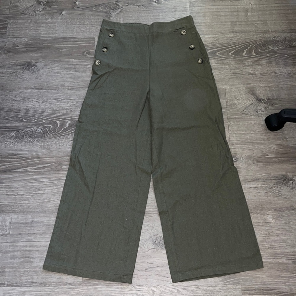 Loose olive green pants, straight leg